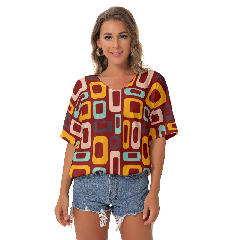 Maroon Retro V-Neck Blouse Lightweight Linen Blouse