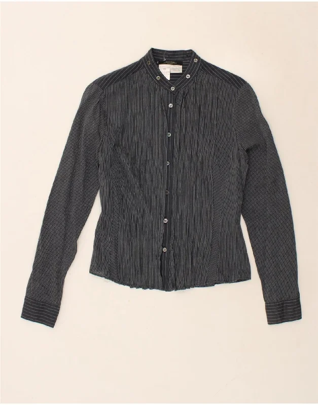 MAX MARA Womens Shirt Blouse UK 12 Medium Navy Blue Pinstripe Cotton Classic White Blouse