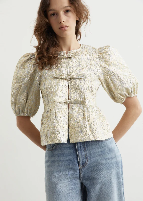 Metallic Cloque Peplum Blouse Silky Tunic Blouse