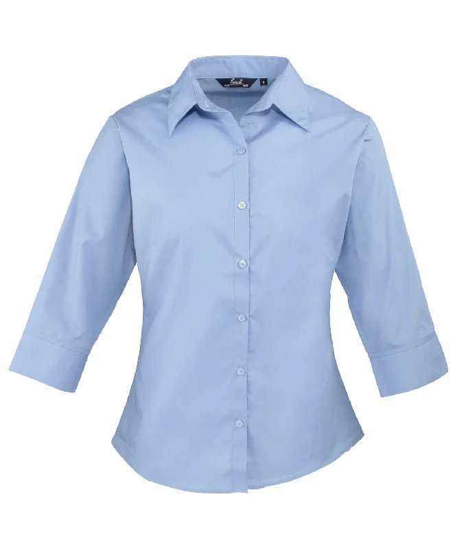 Mid Blue - Women's ¾ sleeve poplin blouse Stretchy Fitted Blouse