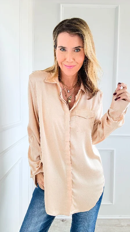 Luxe Satin Dream Blouse Top - Beige Chic Off-Shoulder Blouse