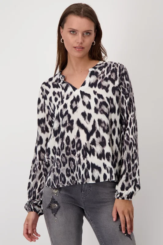 Monari 808116 Black Pattern Leopard Print Round Neck Blouse Soft Modal Blouse