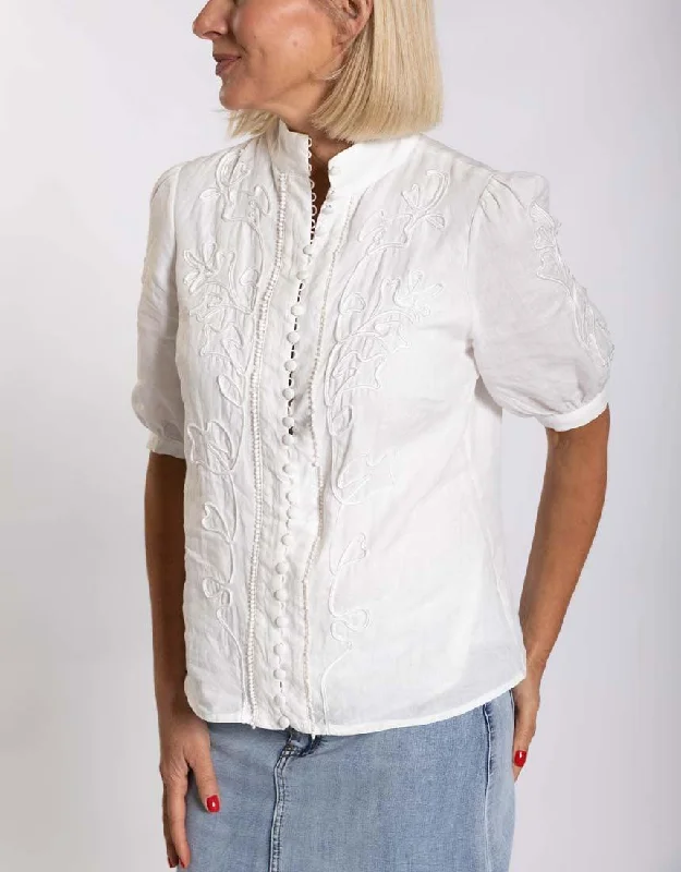 Perla Embroidered Blouse - White Oversized Silk Blouse