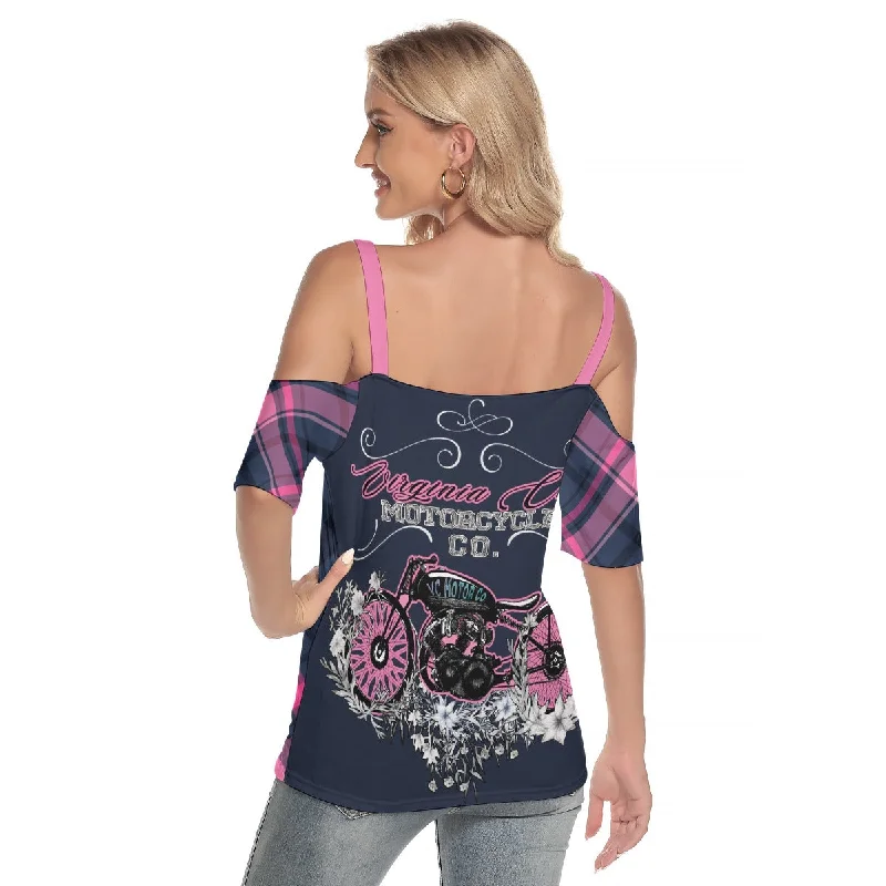 Plaid Girl Classic Bike - Ladies Off The Shoulder Motorcycle Blouse Drape Neck Blouse