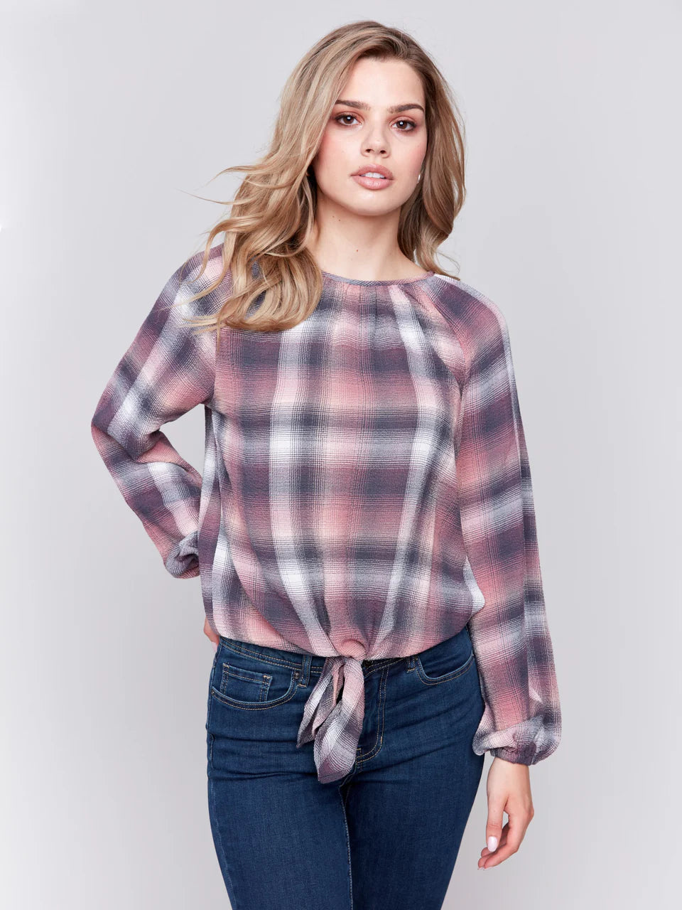 PLAID TIE FRONT BLOUSE Feminine Ruffle Blouse