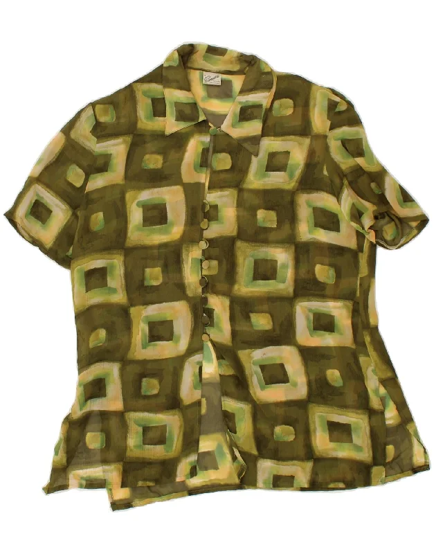 PRIMAVERA FIRENZE Womens Shirt Blouse UK 14 Medium Green Geometric Embroidered Cotton Blouse