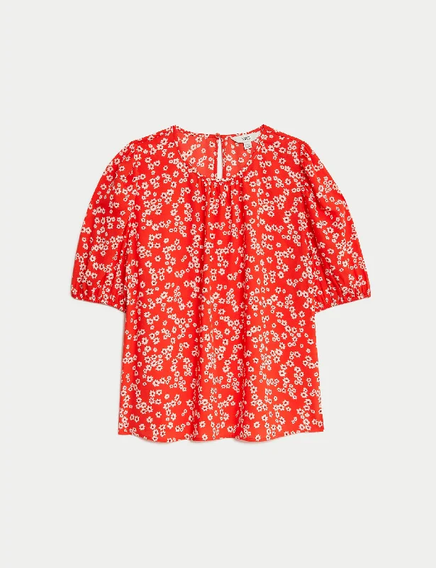 Printed Puff Sleeve Blouse Elegant Office Blouse