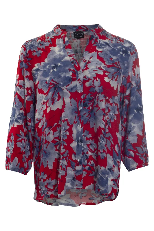 Printed Rayon Nehru collar Blouse | Red Indigo Flower | 6323AR Wrap Front Blouse