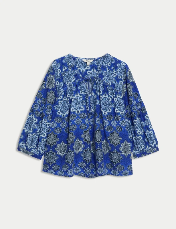 Pure Cotton Printed V-Neck Blouse Asymmetric Hem Blouse