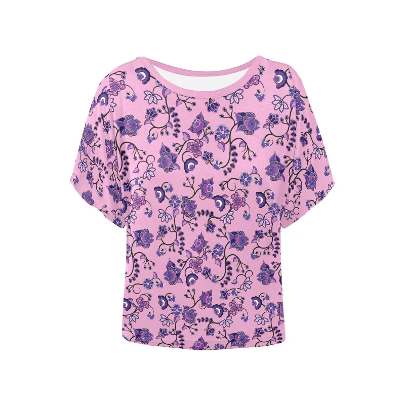 Purple Floral Amour Women's Batwing-Sleeved Blouse T shirt Subtle Shimmer Blouse