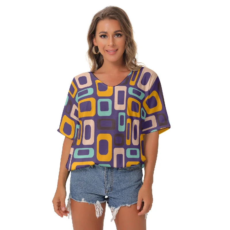 Purple Retro V-Neck Blouse Semi-Sheer Blouse
