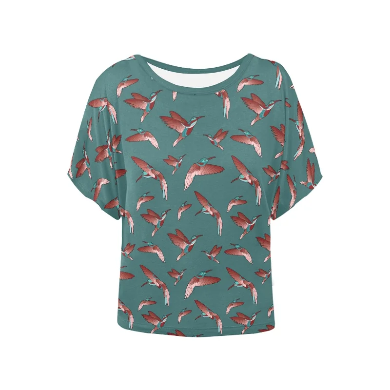 Red Swift Turquoise Women's Batwing-Sleeved Blouse T shirt Sheer Sleeve Blouse