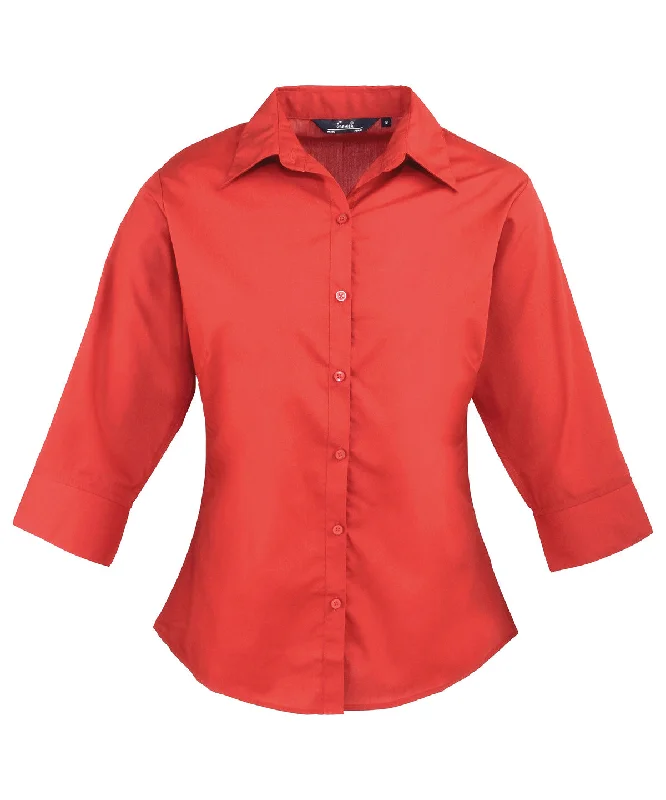 Red - Women's ¾ sleeve poplin blouse Ruched Sleeve Blouse