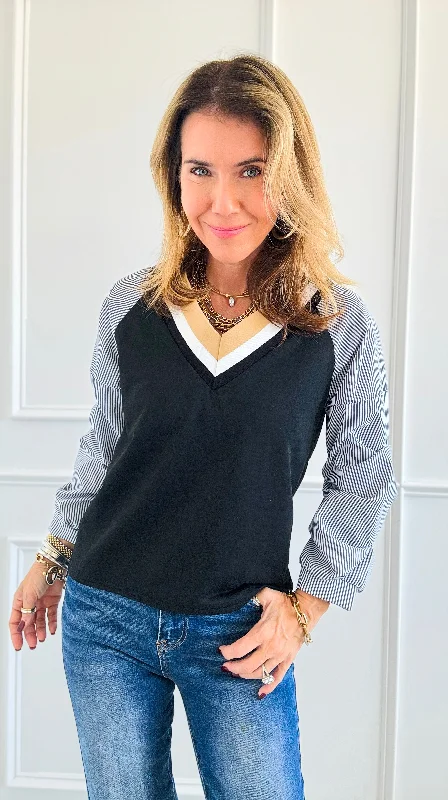 Riviera V-Neck Stripe Blouse -Black Elegant Office Blouse