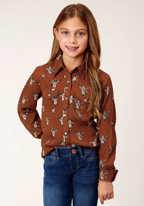 Roper Girls Kids Brown Rayon/Nylon Cowskulls L/S Blouse Peter Pan Blouse