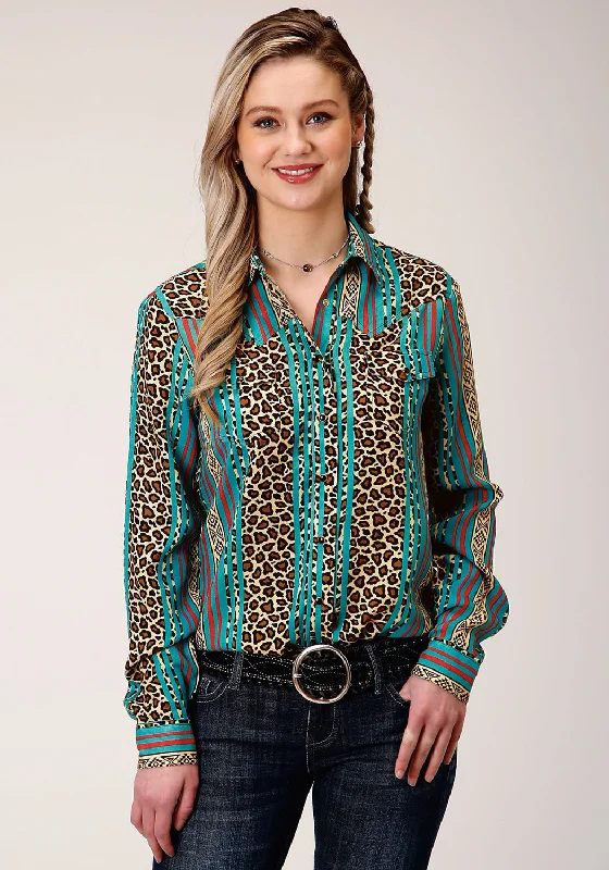 Roper Womens Multi-Color Rayon/Nylon Leopard Stripe L/S Blouse Chic Off-Shoulder Blouse