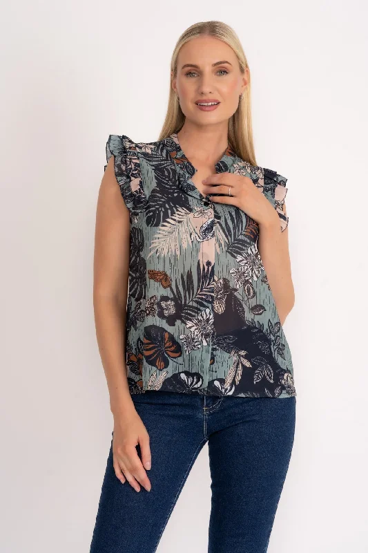 Ruffle Cap Sleeve Blouse in Navy Print Chic Wrap Blouse