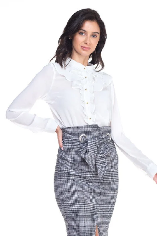 Ladies White Ruffle Sheer Blouse Embroidered Floral Blouse
