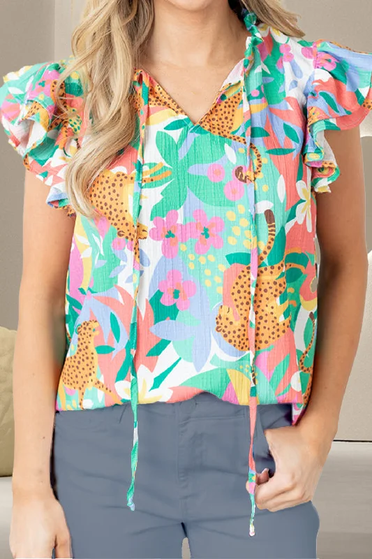 Ruffled Printed Tie Neck Cap Sleeve Blouse Chic Sleeveless Blouse