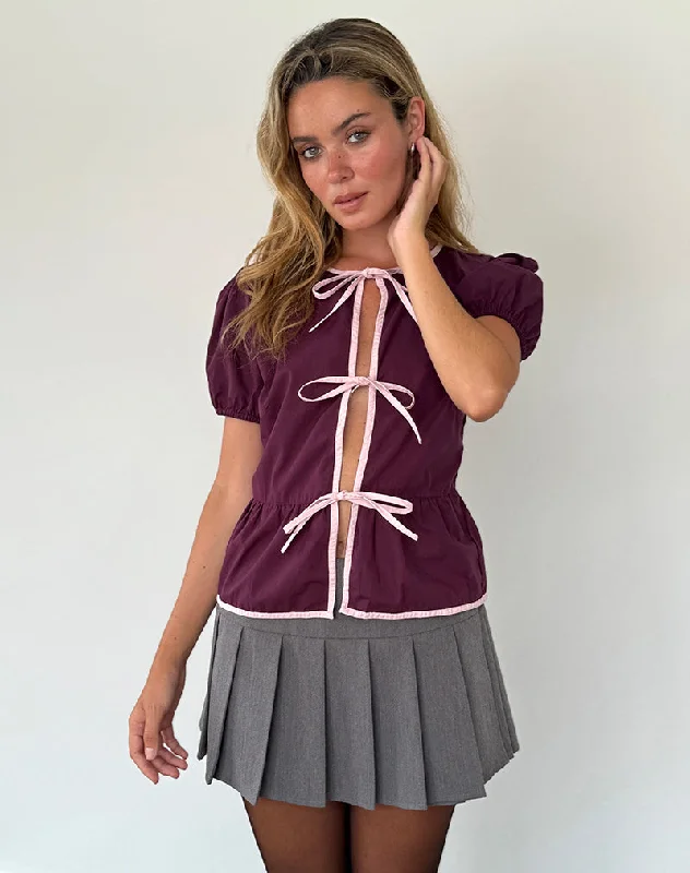 Ryota Tie Front Blouse in Oxblood with Pink Lady Binding Oversized Silk Blouse