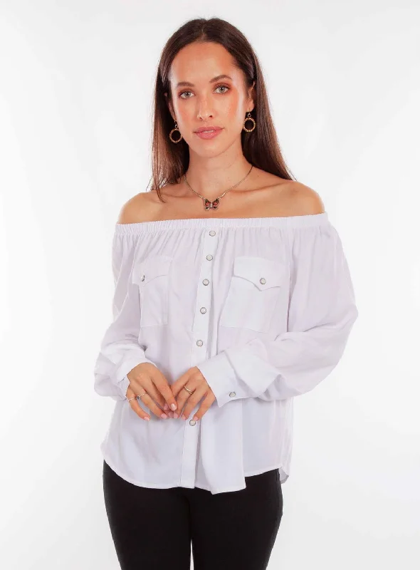 Scully Womens Off-the-Shoulder White 100% Rayon L/S Blouse Feminine Ruffle Blouse