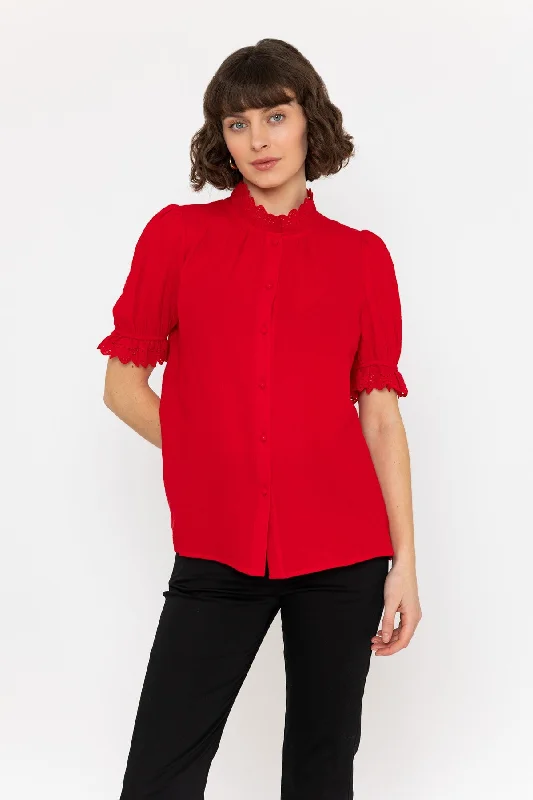 Short Sleeve Air Flow Blouse in Red Feminine Satin Blouse