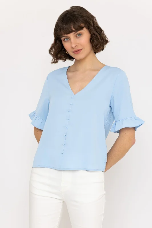 Short Sleeve Button Blouse in Blue Chic Ruffle Blouse