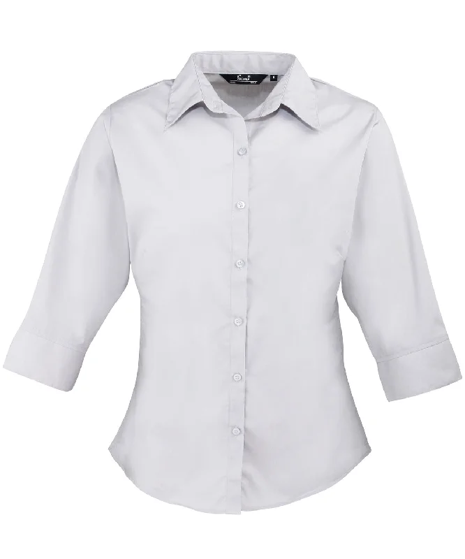 Silver - Women's ¾ sleeve poplin blouse Embroidered Floral Blouse