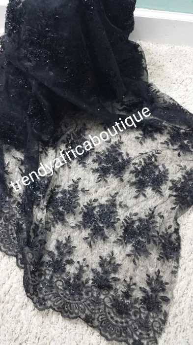 Sale: Soft Black/black beaded and stoned net French lace fabric for making Blouses for wrapper. Igbo/Delta/Edo women blouse fabric. This is about 2yrds total piece for sale. Can be use to combination style Satin Long Blouse