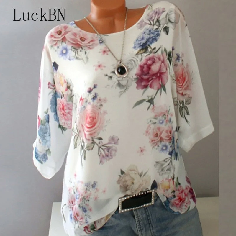 Summer Floral Print Women Blouse 5XL Plus Size Chiffon Blouses Half Sleeve Beach Shirt Office Work Shirts Blusas Feminina Tops Bell Sleeve Blouse