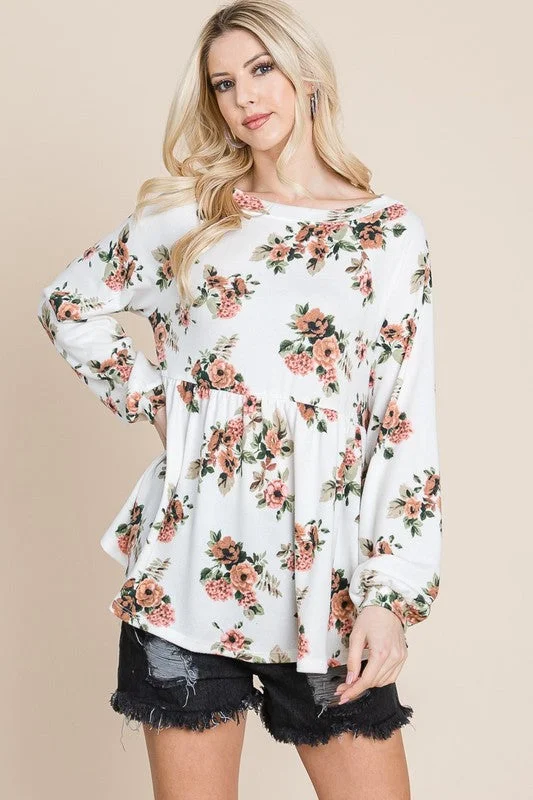 Super Lady Full Size Babydoll Floral Boat Neck Long Sleeve Blouse Chic Square Blouse
