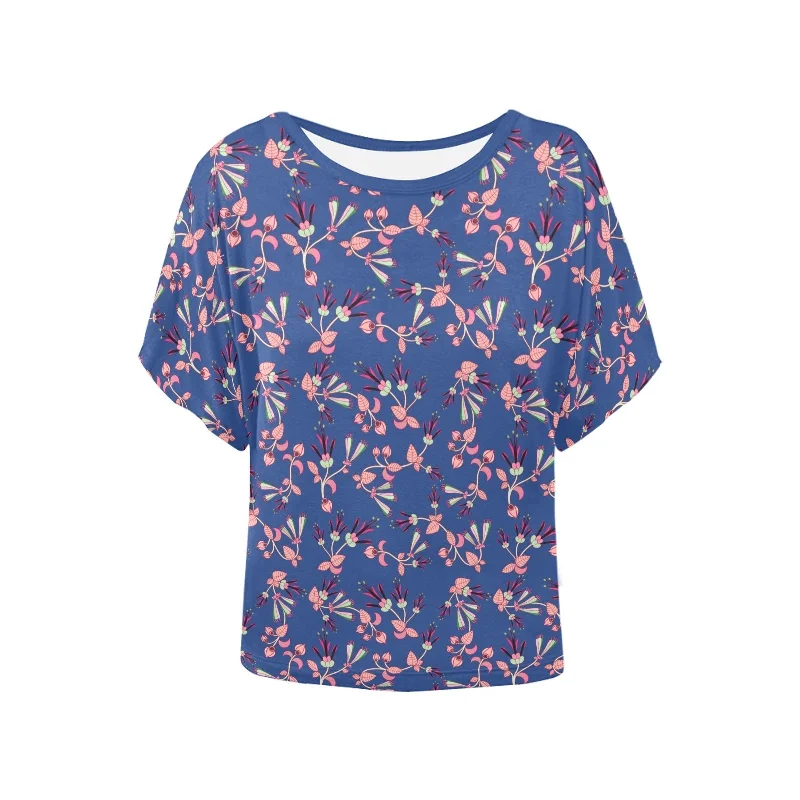 Swift Floral Peach Blue Women's Batwing-Sleeved Blouse T shirt Chic Off-Shoulder Blouse