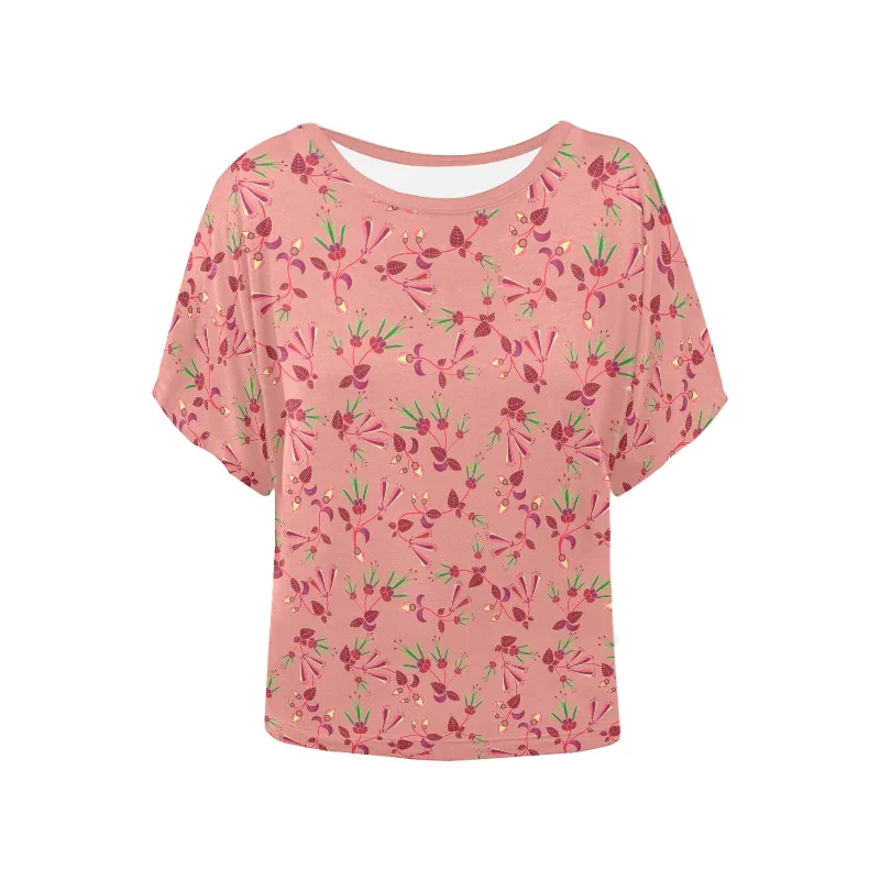 Swift Floral Peach Rouge Remix Women's Batwing-Sleeved Blouse T shirt Mandarin Collar Blouse