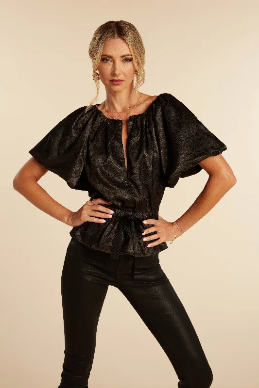 TABITHA BLOUSE BLACK JACQUARD Stylish Wrap Blouse