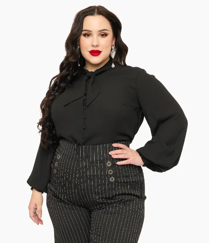 Unique Vintage Plus Size 1940s Black Neck Tie Blouse Double-Layered Blouse