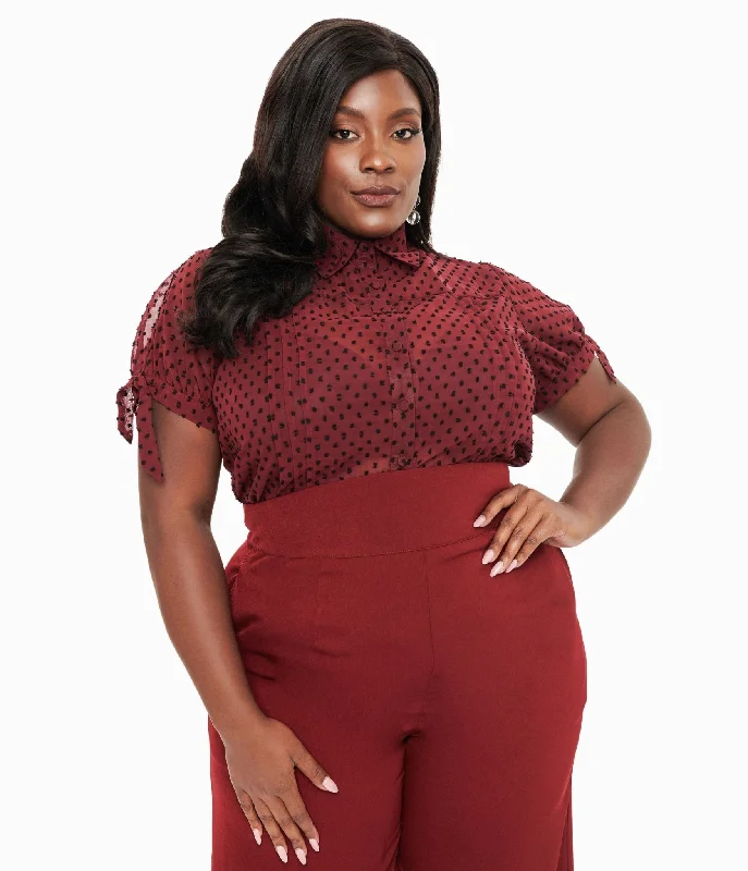 Unique Vintage Plus Size 1950s Burgundy & Black Clip Dot Tie Cuff Blouse Pastel Color Blouse