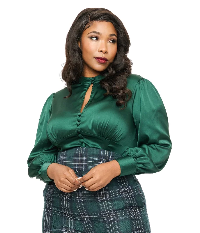 Unique Vintage Plus Size 1970s Emerald Satin Keyhole Button Waist Blouse Oversized Silk Blouse