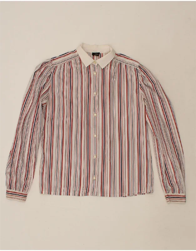 VINTAGE Womens Shirt Blouse EU 44 XL Multicoloured Striped Polyester Embroidered Cotton Blouse