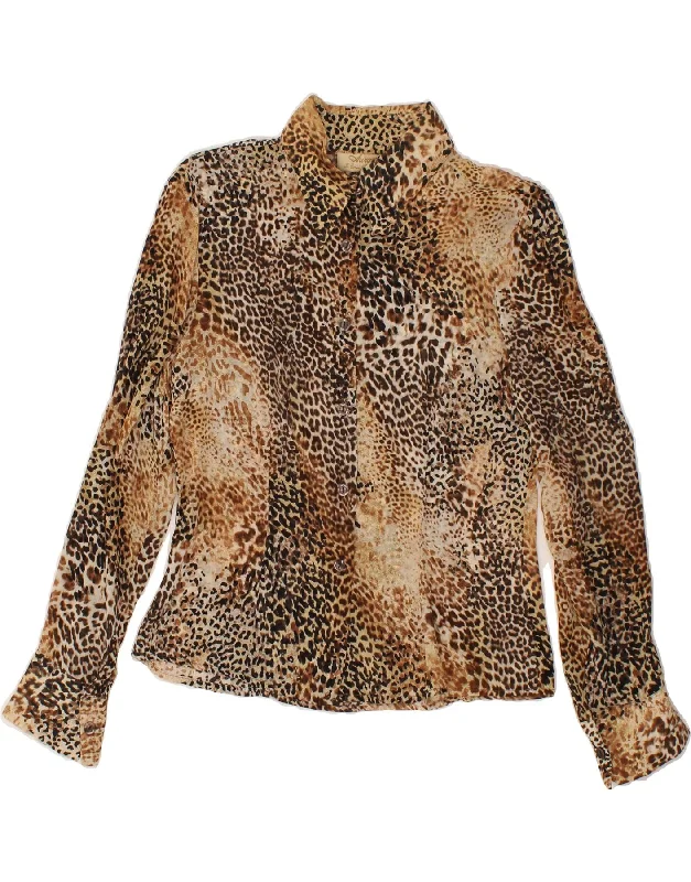 VINTAGE Womens Shirt Blouse IT 44 Medium Brown Animal Print Viscose Lightweight Linen Blouse