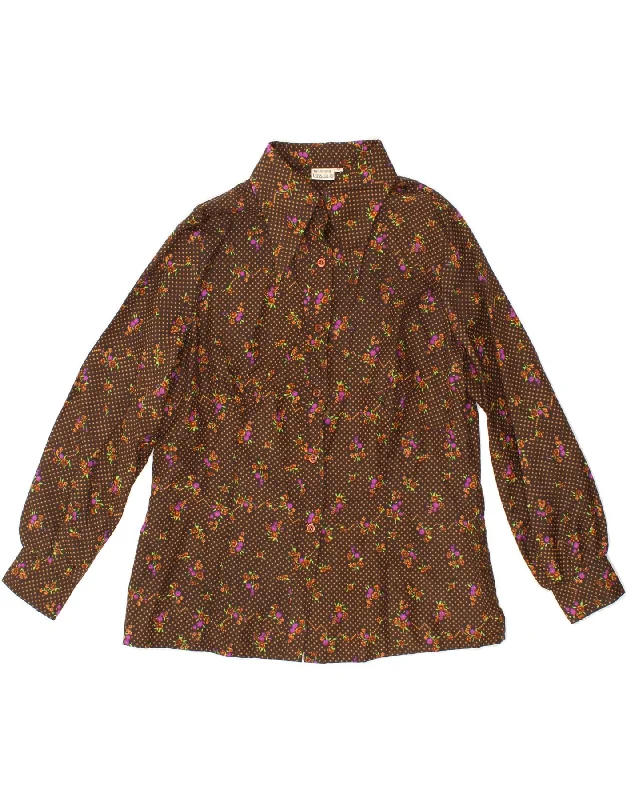 VINTAGE Womens Shirt Blouse IT 44 Medium Brown Floral Polyester High Neck Blouse