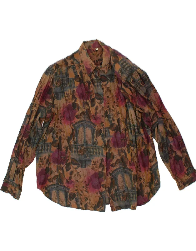 VINTAGE Womens Shirt Blouse UK 14 Large Brown Floral Acetate Elegant Peplum Blouse