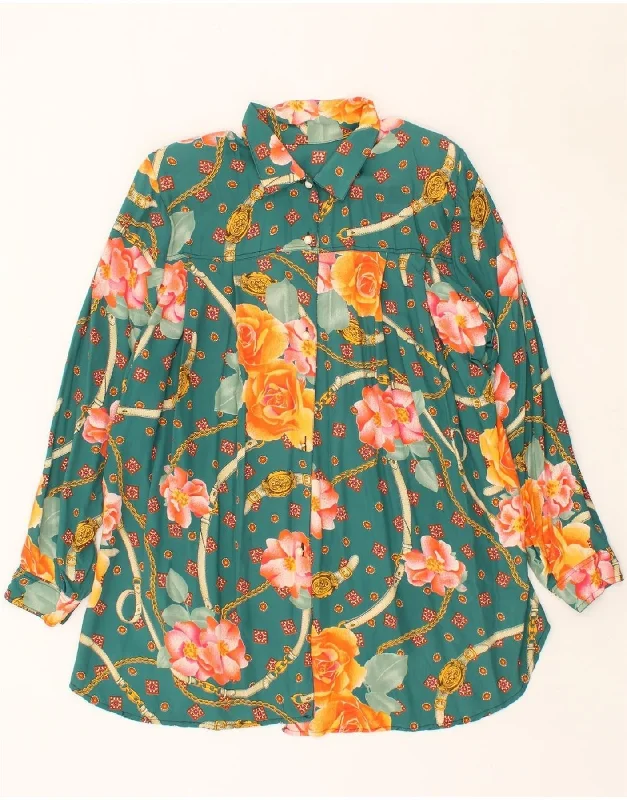 VINTAGE Womens Shirt Blouse UK 14 Large Green Floral Feminine Ruffle Blouse