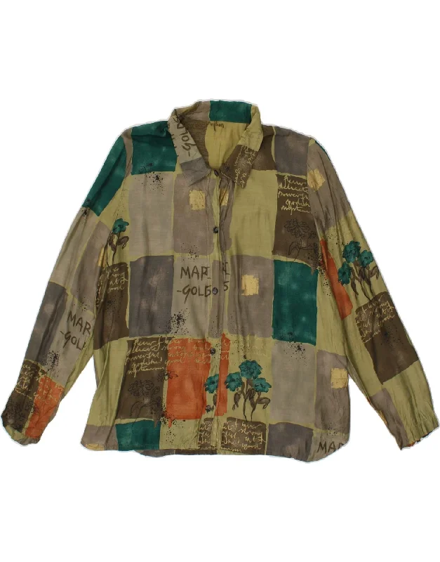 VINTAGE Womens Shirt Blouse UK 14 Medium Green Patchwork Polished Work Blouse