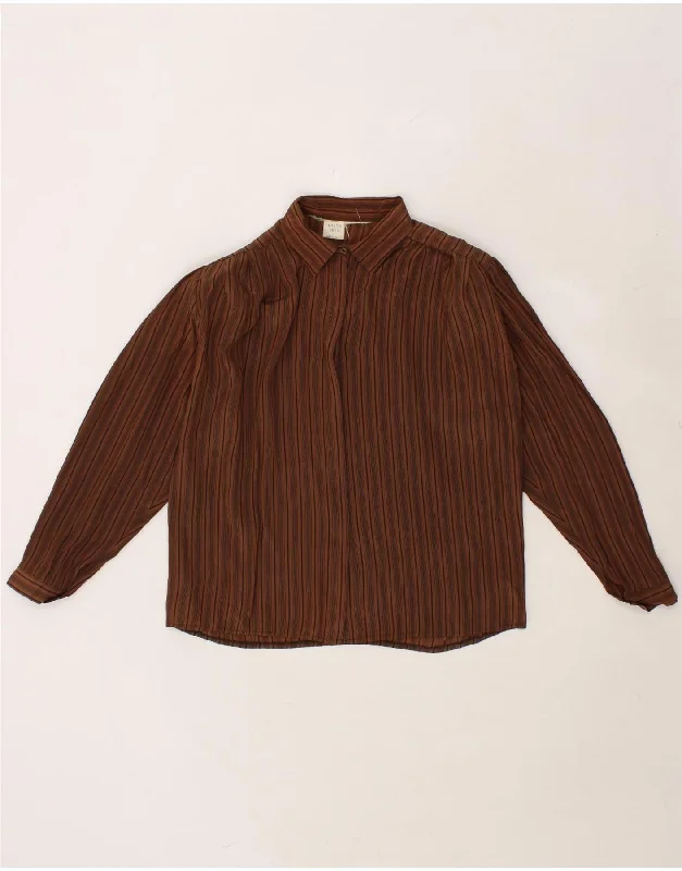 VINTAGE Womens Shirt Blouse UK 18 XL Brown Striped Silk Elegant Semi-Sheer Blouse