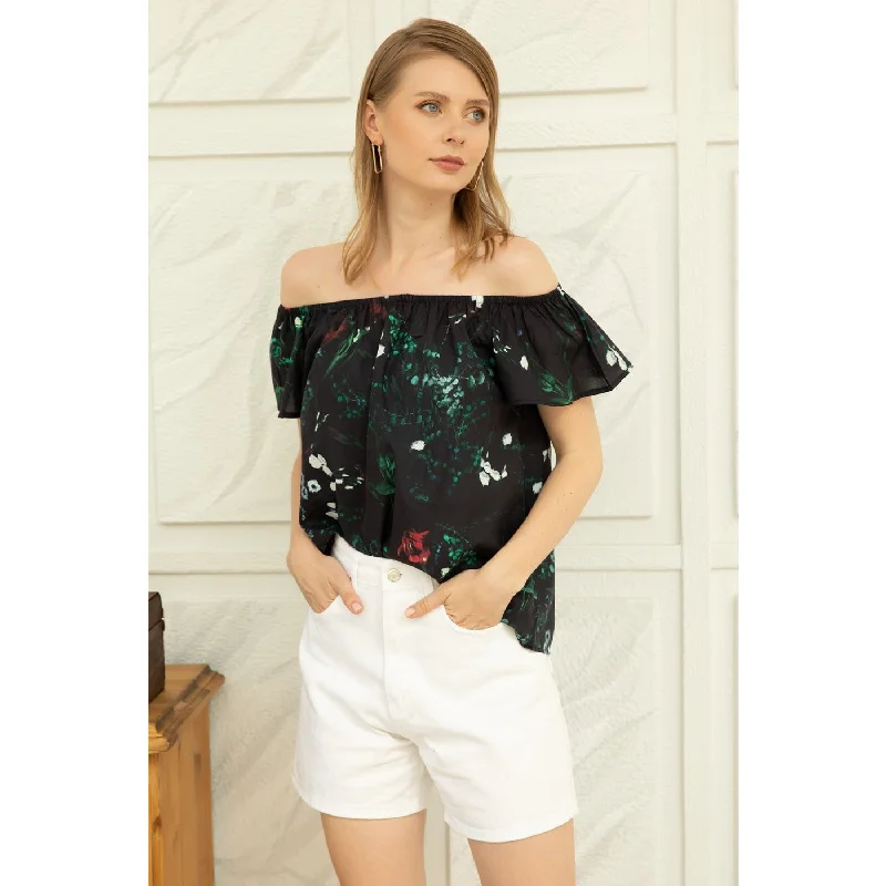 Black Printed Offshoulder Blouse Wrap Front Blouse