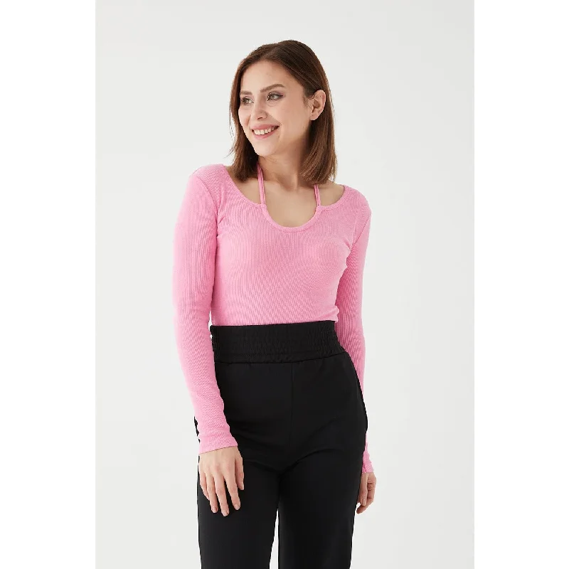 Pink Halter Neck Detailed Blouse Bell Sleeve Blouse
