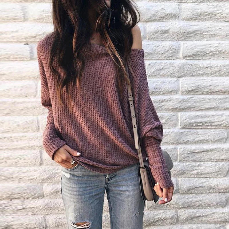 Women Loose Casual off Shoulder Long Sleeve Knit Sweater Blouse Tops T-Shirt Embroidered Floral Blouse