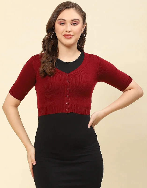 Women Maroon Solid V Neck Half Sleeve Blouse Chic Square Blouse