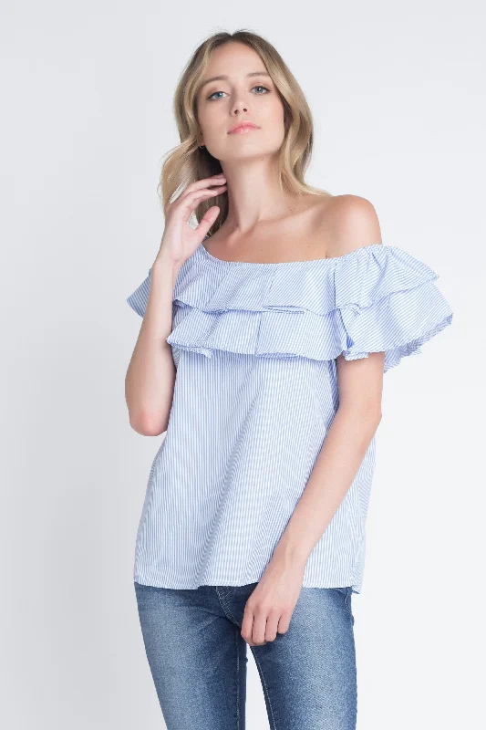 Women's Striped Off Shoulder Ruffle Stripe Blouse Soft Pastel Blouse