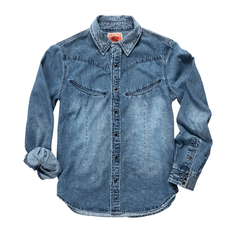 Yoakam Pearl Snap Denim Shirt Blouse Bourbon Cowgirl Delicate Bow Blouse